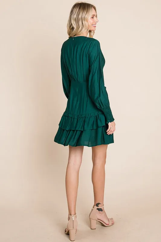 Hunter Green Tiered Hem Button Down Smocked Sleeve Dress