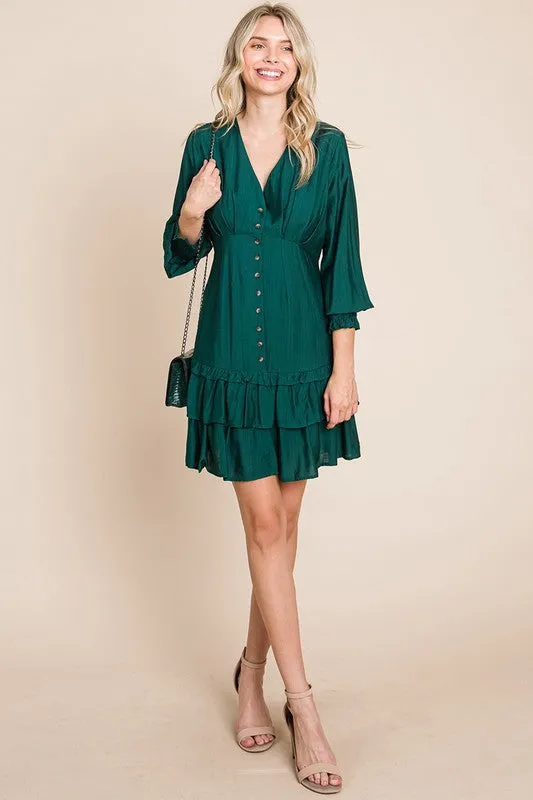 Hunter Green Tiered Hem Button Down Smocked Sleeve Dress