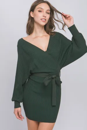 Hunter Off Shoulder Wrap Belted Ribbed Knit Dress