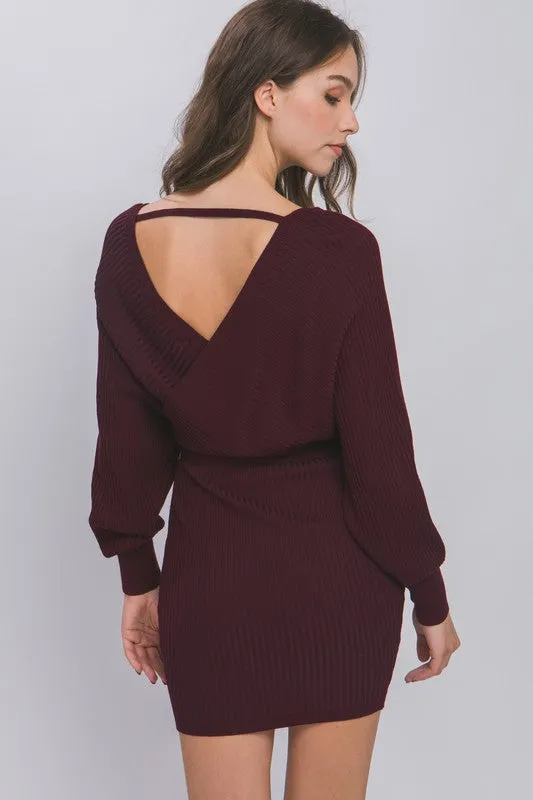 Hunter Off Shoulder Wrap Belted Ribbed Knit Dress