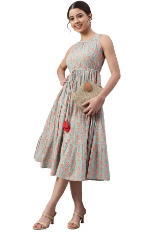 Janasya Women's Mint Green Cotton Floral Block Print Tiered Western Dress(JNE3961-DR-L)