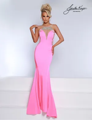 Johnathan Kayne 2918 Size 8 Taffy Pink Sheer Backless Crystal Prom Dress Pageant Gown Formal Crepe