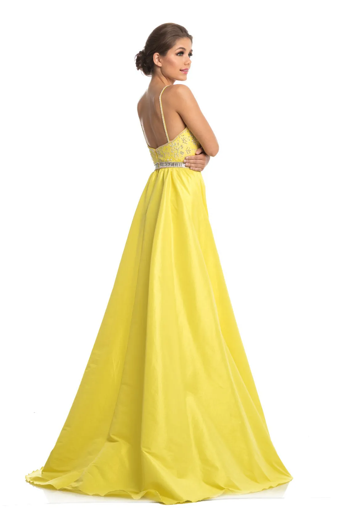 Johnathan Kayne 7242 Size 4 Canary Yellow Lace V Neck Pageant Gown Prom Dress OverSkirt