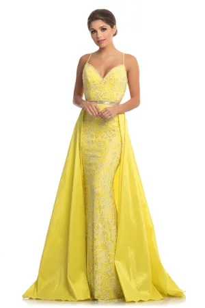 Johnathan Kayne 7242 Size 4 Canary Yellow Lace V Neck Pageant Gown Prom Dress OverSkirt