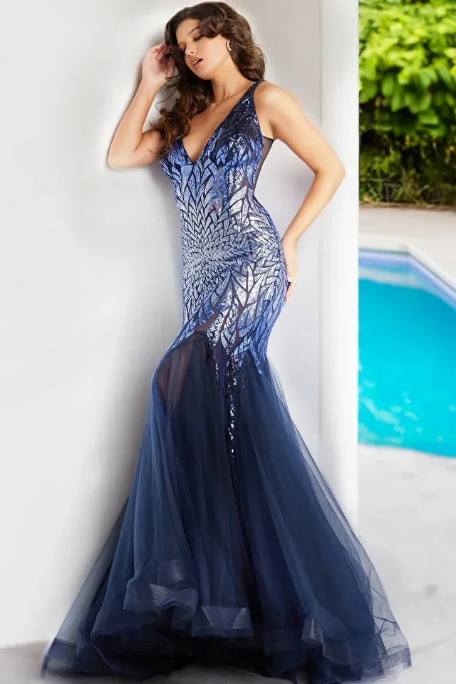 Jovani 38373 Long Prom Dress Mermaid Sequin Sheer Sides Tulle Train V Neck Formal Pageant Gown