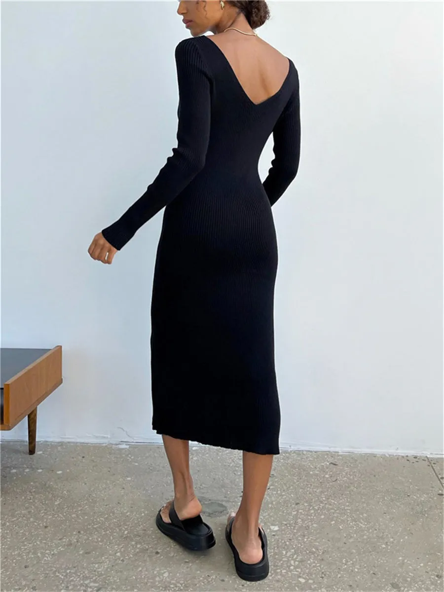 JuliaFashion - 2024 V-Neck Backless Knit Rib Wrap Midi Pencil Dress