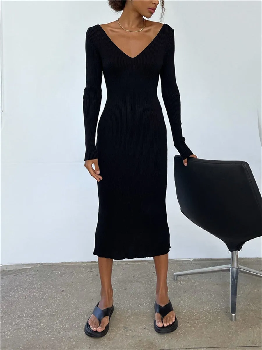 JuliaFashion - 2024 V-Neck Backless Knit Rib Wrap Midi Pencil Dress