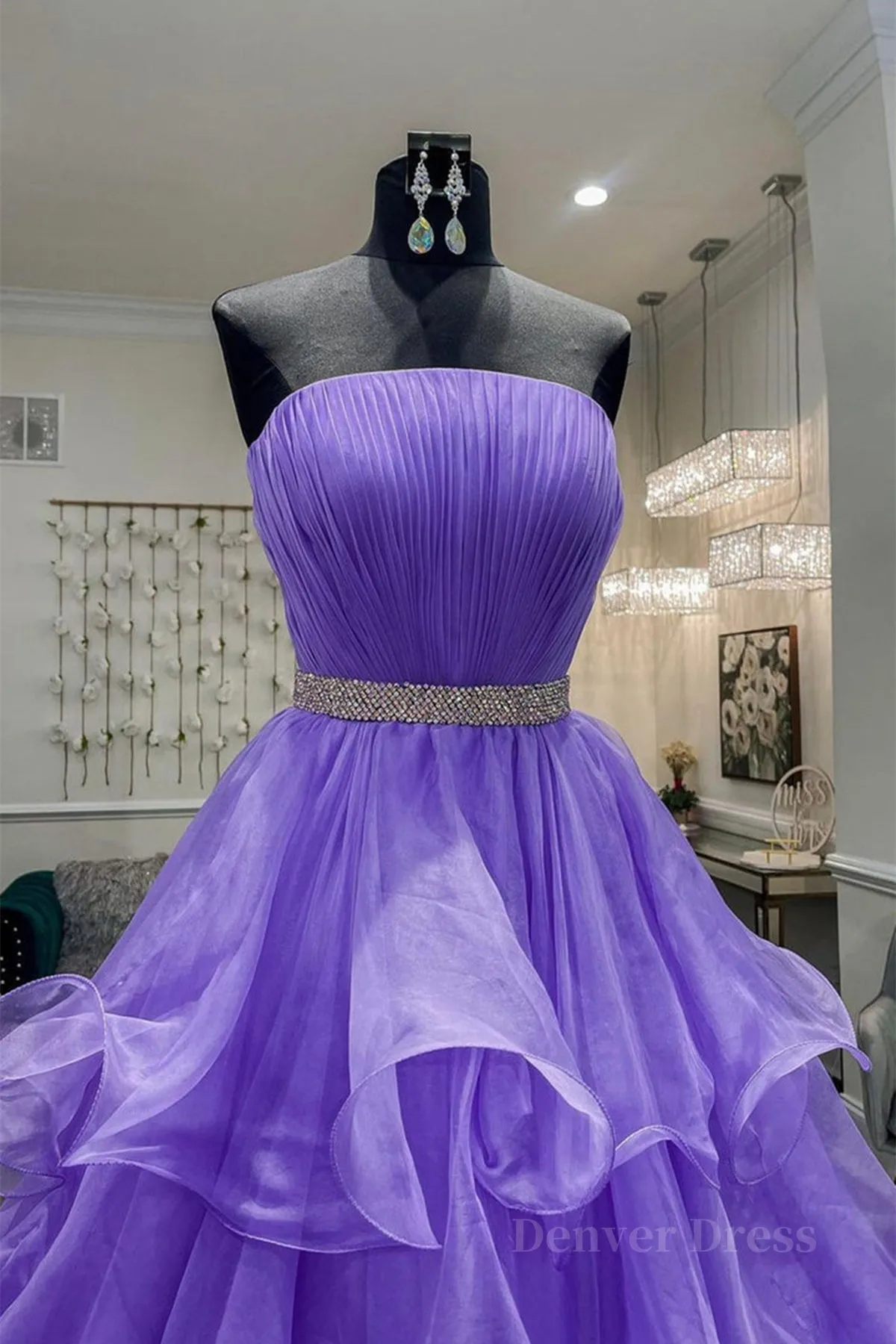 kamahe Gorgeous Strapless Layered Purple Tulle Long Prom Dresses with Belt, Purple Formal Evening Dresses, Purple Ball Gown