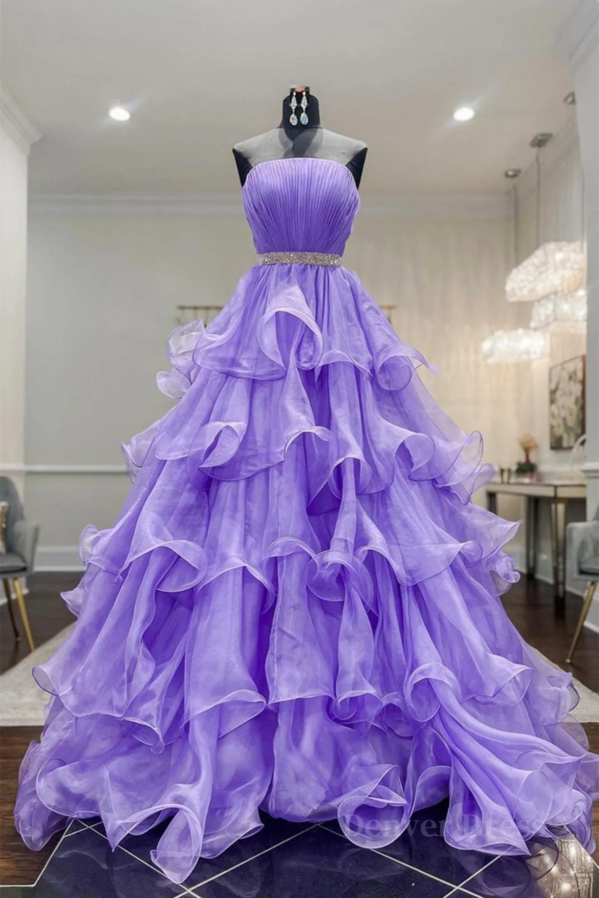 kamahe Gorgeous Strapless Layered Purple Tulle Long Prom Dresses with Belt, Purple Formal Evening Dresses, Purple Ball Gown