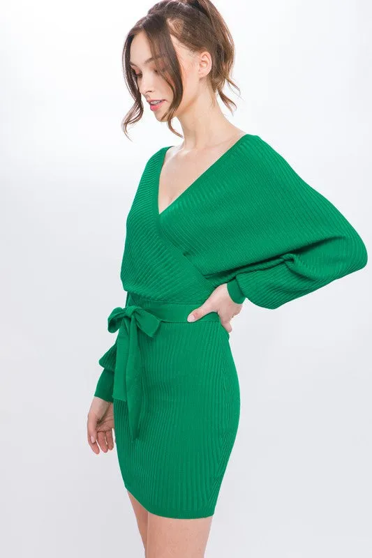 Kelly Off Shoulder Wrap Belted Ribbed Knit Dress