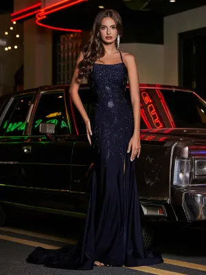 Long Beaded Open Back Jersey Gown Dark Navy