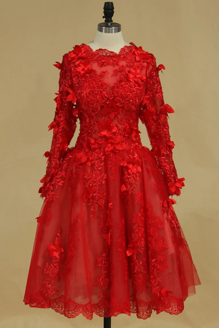 Long Sleeves Bateau Prom Dresses A Line With Applique Tulle Red