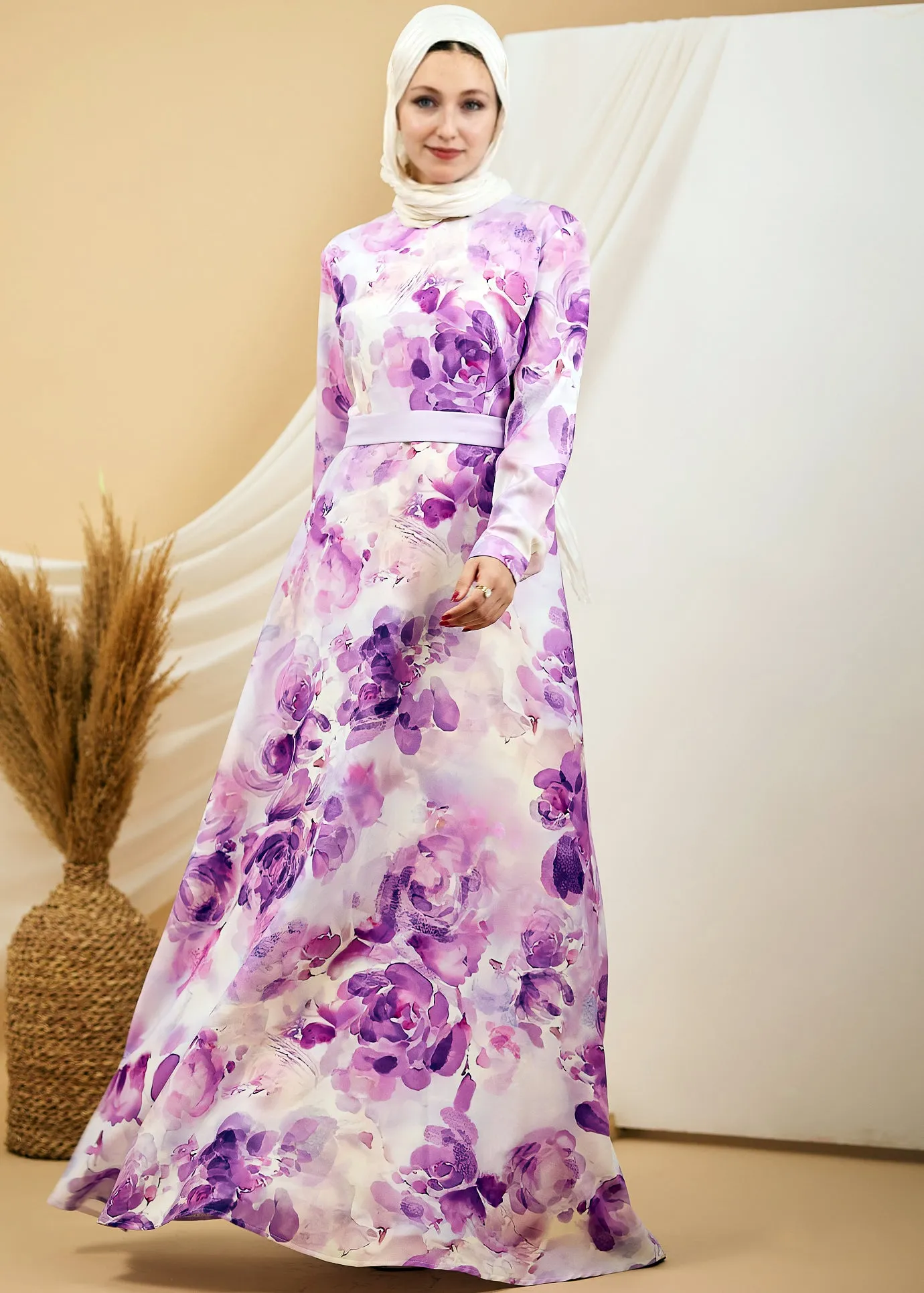 Maisa Lavender Blossom Elegance Crepe Maxi Dress with Floral Print