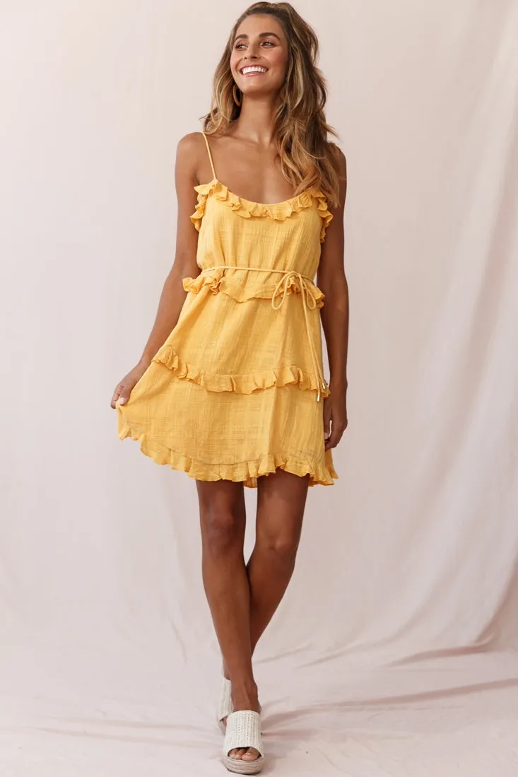 Maria Frill Trim Spaghetti Strap Dress Mustard