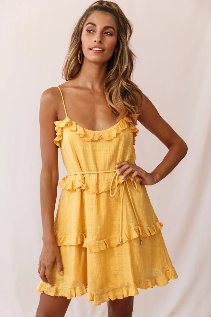 Maria Frill Trim Spaghetti Strap Dress Mustard