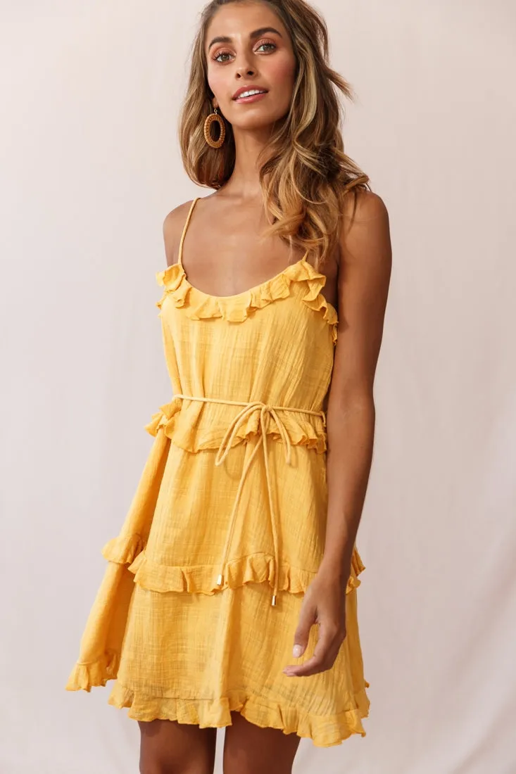 Maria Frill Trim Spaghetti Strap Dress Mustard