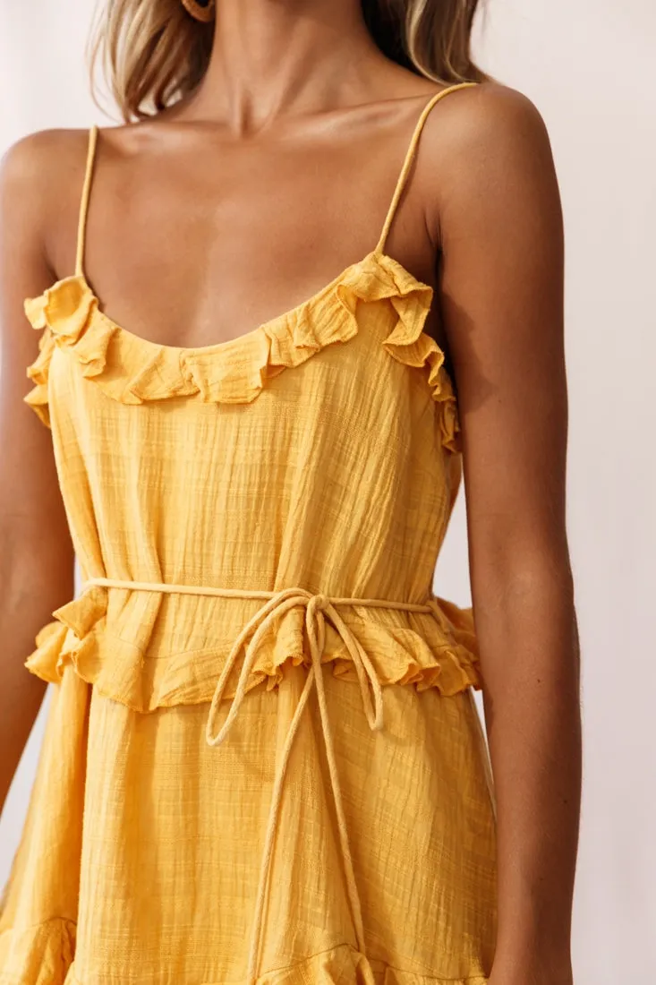 Maria Frill Trim Spaghetti Strap Dress Mustard