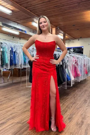 Mermaid Strapless Red Lace Prom Dresses