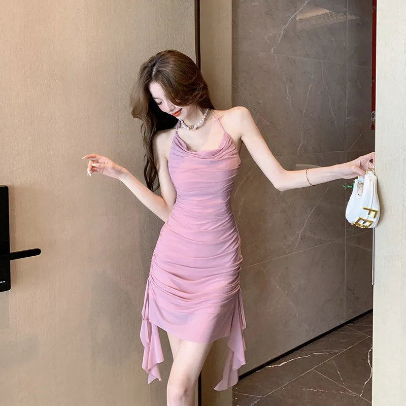 Mesh Sexy Spaghetti Strap Skirt Backless Irregular Dress 777