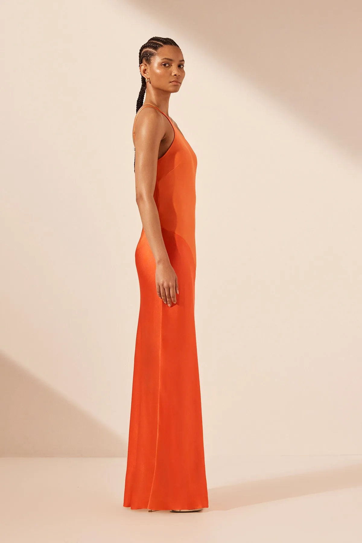 MIA CONTRAST ONE SHOULDER COWL BACK MAXI DRESS - RED ORANGE / HIBISCUS