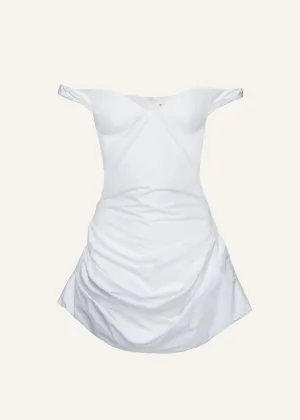 Off shoulder draped cotton mini dress in white