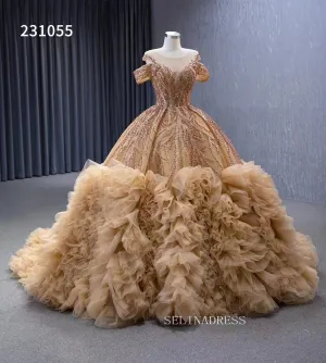 Off-the-shoulder Gold Ball Gowns Wedding Dresses Tulle Beaded Formal Dresses 231055