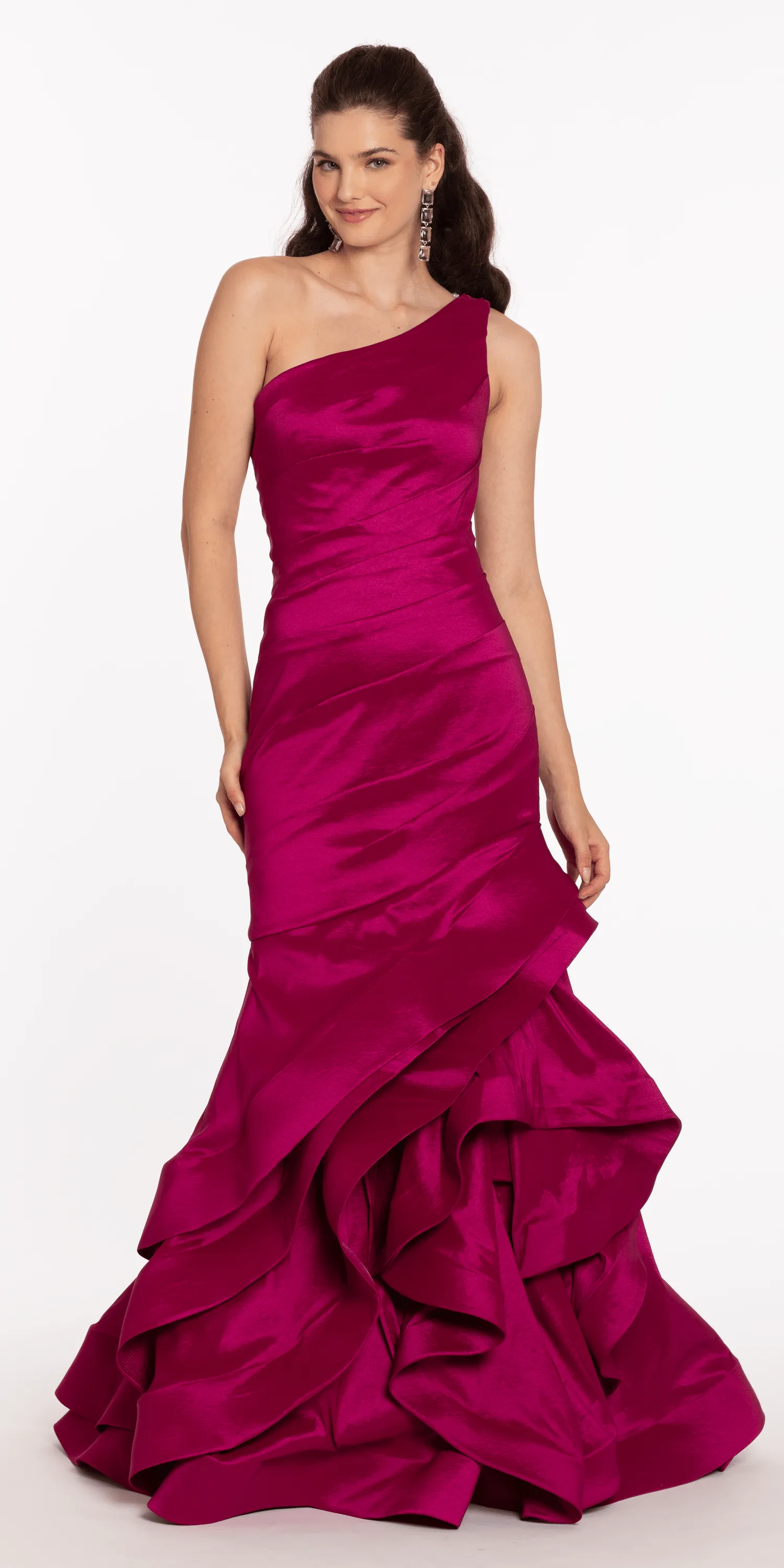 One Shoulder Taffeta Tiered Hem Mermaid Dress