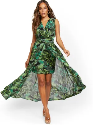 Palm-Print V-Neck Overlay Dress