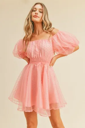 Pink Bubble Mesh Dot Bubble Sleeve Flared Mini Dress