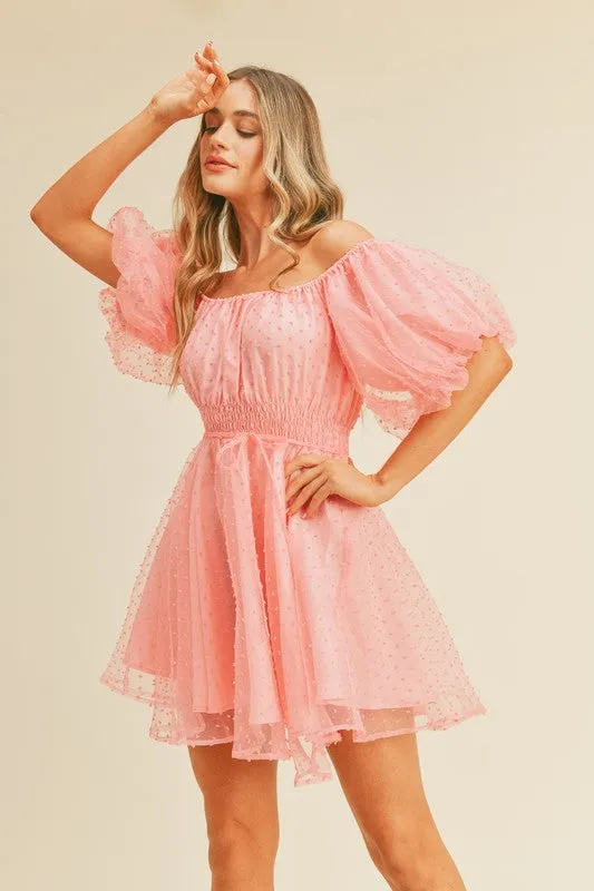 Pink Bubble Mesh Dot Bubble Sleeve Flared Mini Dress