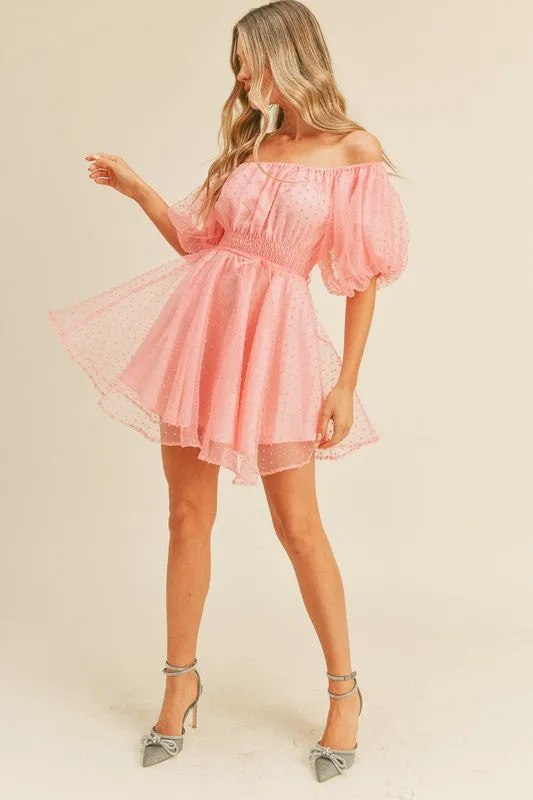 Pink Bubble Mesh Dot Bubble Sleeve Flared Mini Dress