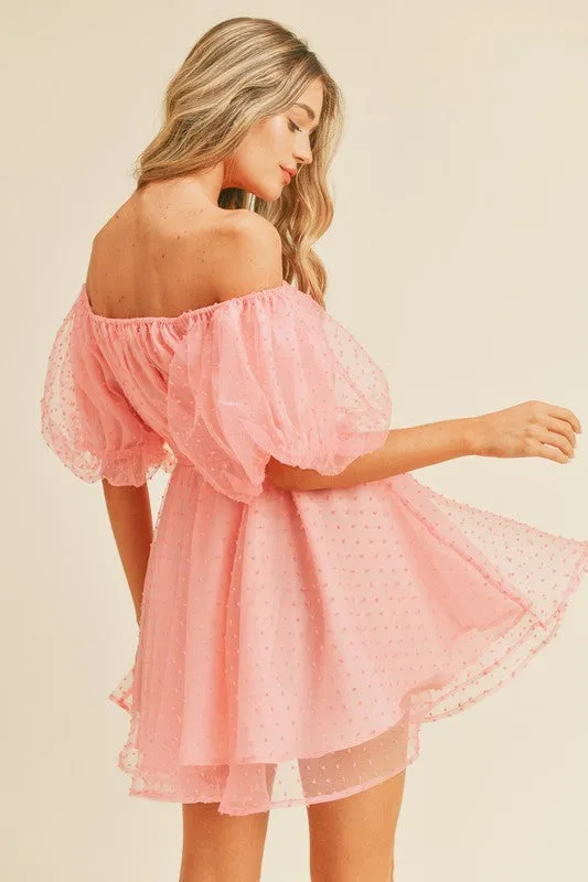 Pink Bubble Mesh Dot Bubble Sleeve Flared Mini Dress