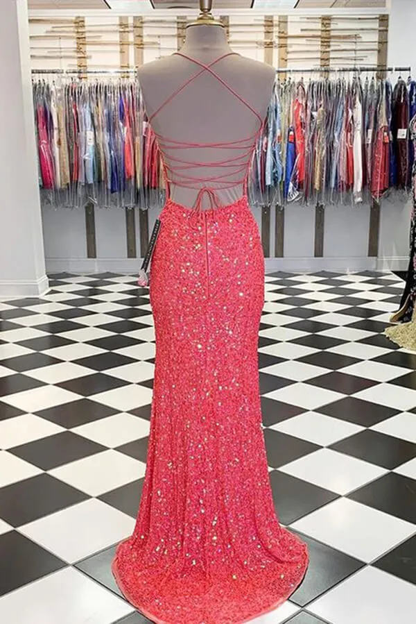 Pink Sequins Mermaid Spaghetti Straps Prom Dress with Slit, Evening Gown, SP830