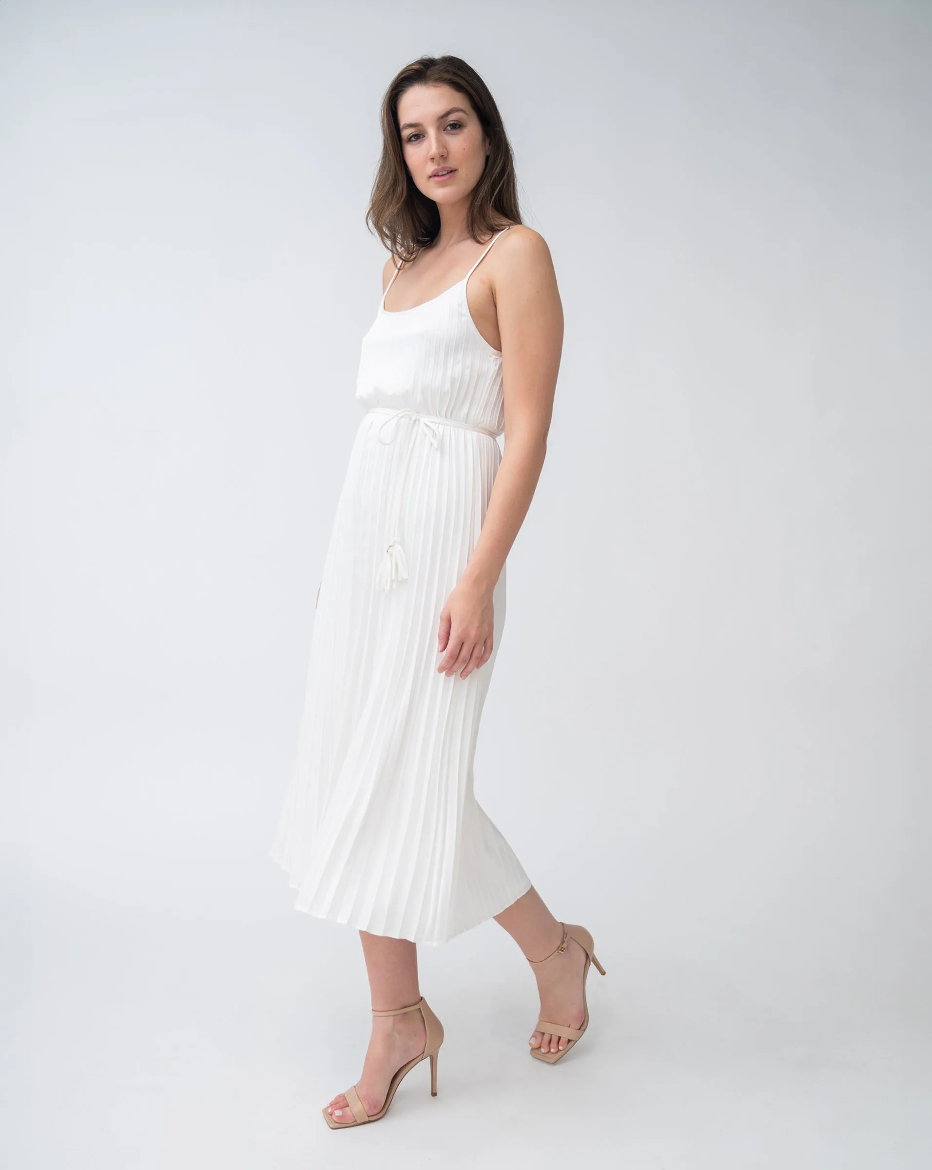 Pleated Tie Waist Sleeveless Dress