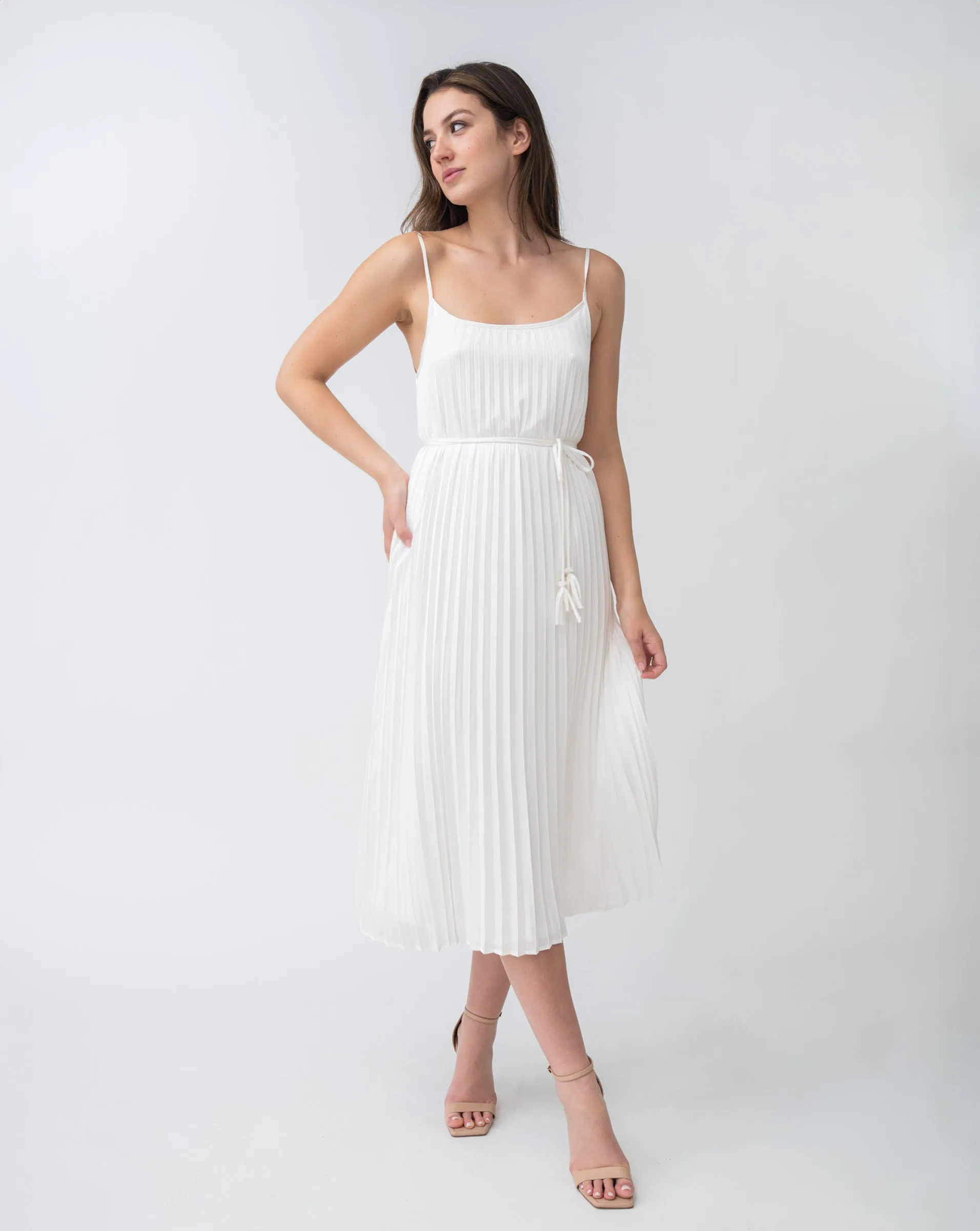 Pleated Tie Waist Sleeveless Dress