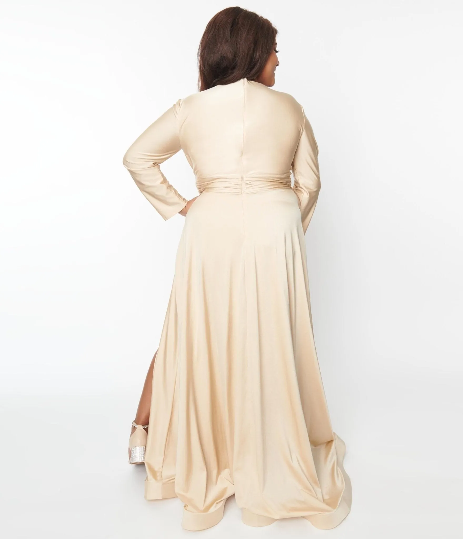 Plus Size Champagne Long Sleeve Sophisticated Goddess Gown