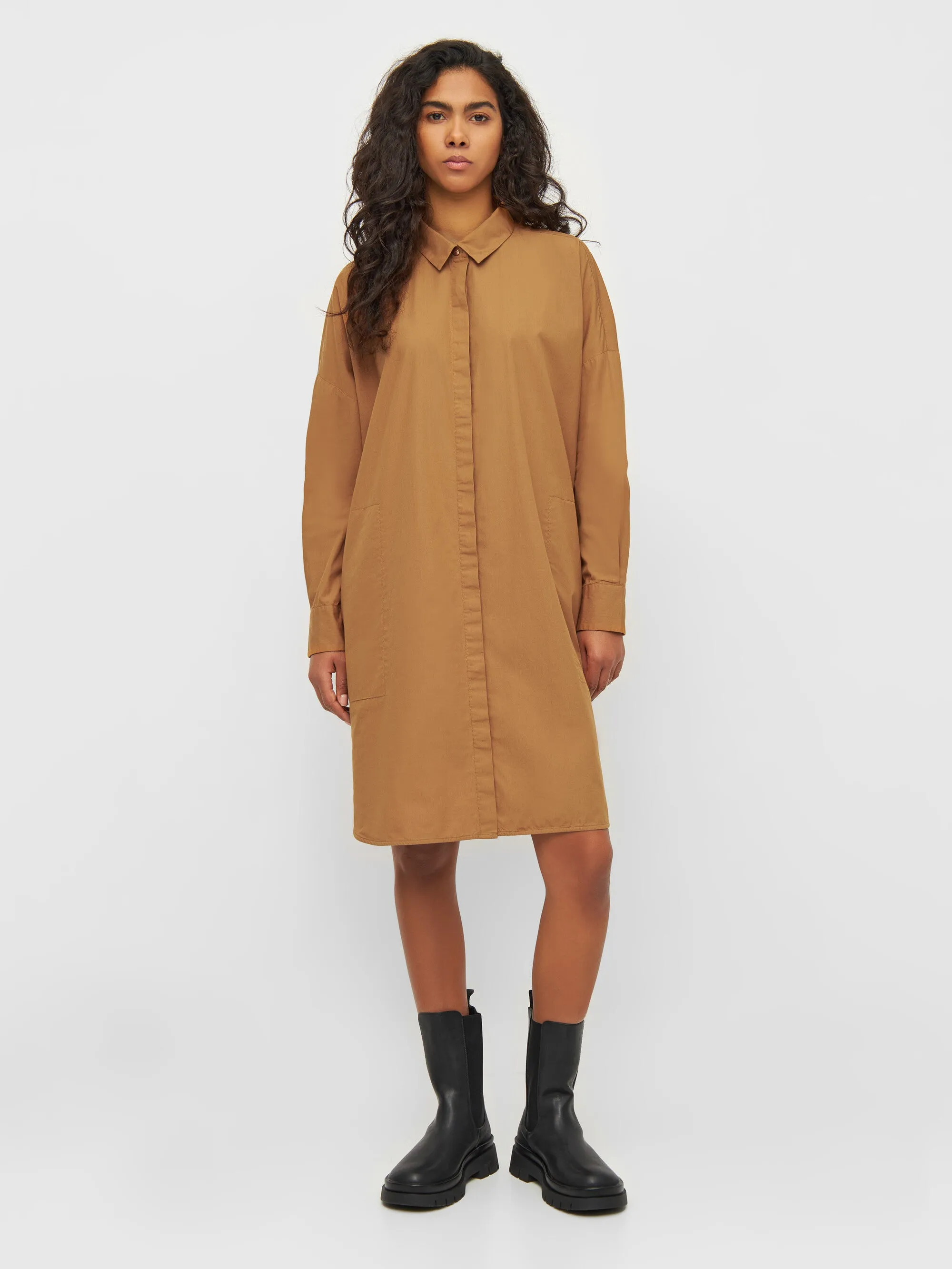 Poplin dropped shoulder shirt dress - Brown Sugar