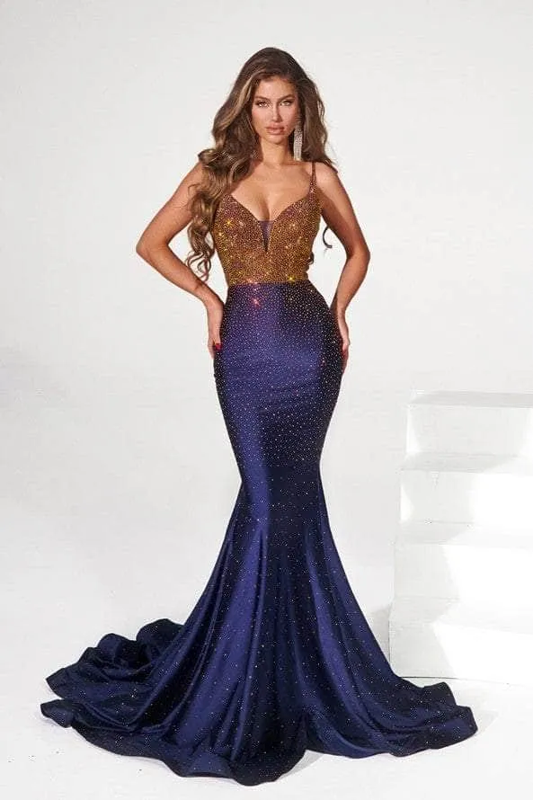 PORTIA & SCARLETT PS22518 Rhinestone Adorned V-Neck Mermaid Dress with Open Back