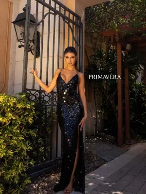 Primavera Couture 4151 Size 10 Black Long Prom Dress Fitted Glass Cut Beads Lace Up Back V Neck Formal Pageant Gown