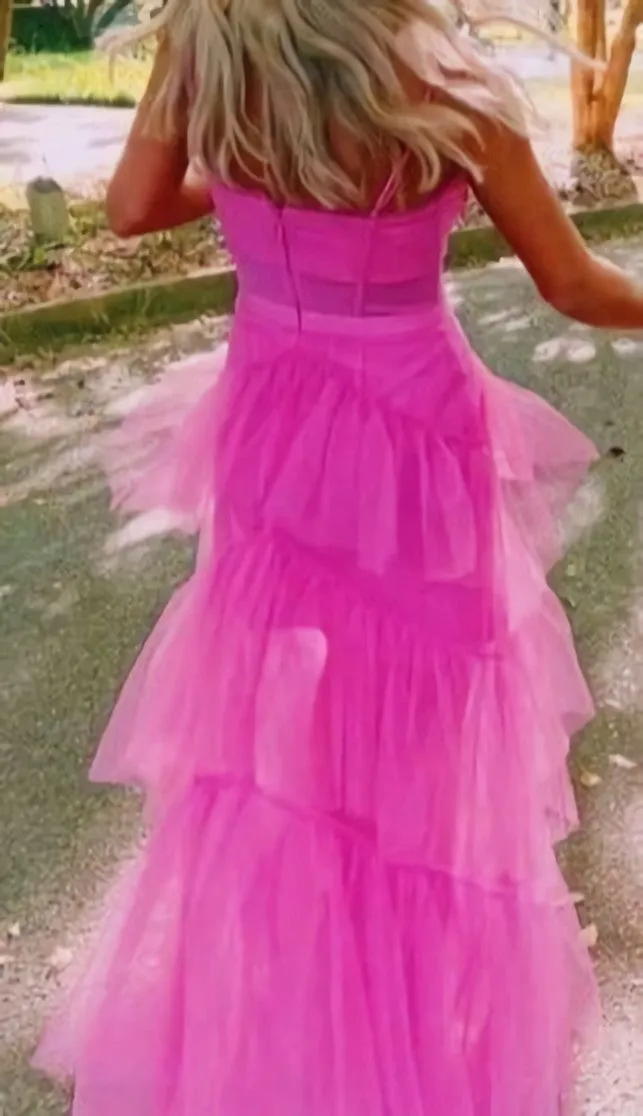 Princess Hot Pink Long Prom Dress, Layered Tulle Sleeveless Corset Gown, Evening Dresses