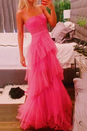 Princess Hot Pink Long Prom Dress, Layered Tulle Sleeveless Corset Gown, Evening Dresses