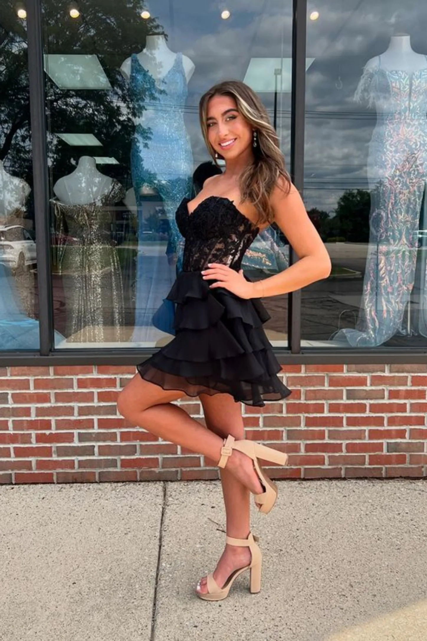 Princess Strapless Layered Black Lace Prom Dress, Short Black Lace Homecoming Dress, Black Chiffon Formal Graduation Evening Dress A2192