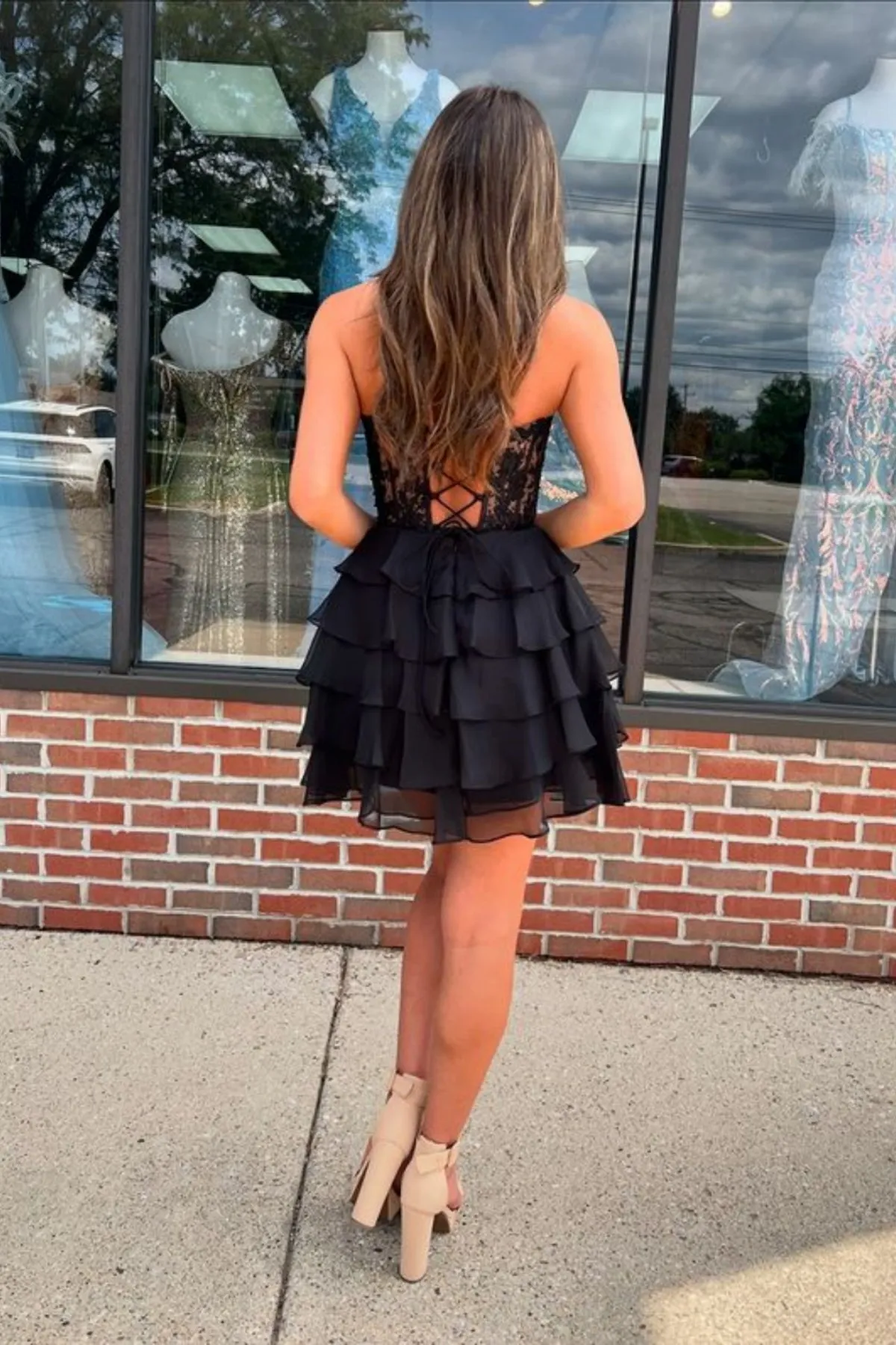 Princess Strapless Layered Black Lace Prom Dress, Short Black Lace Homecoming Dress, Black Chiffon Formal Graduation Evening Dress A2192