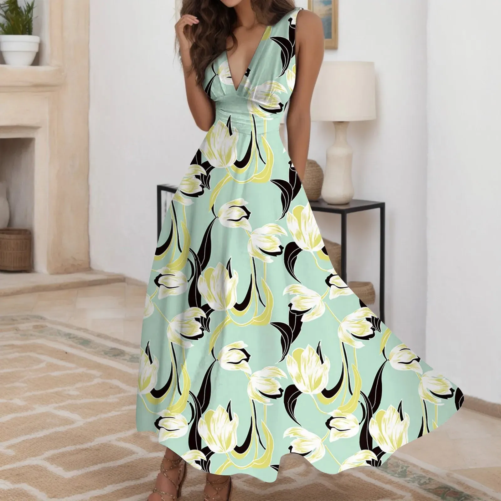 Print Elegant Temperament A-Line Sleeveless Deep-V Commute Ladies Party Casual Fashion Dress