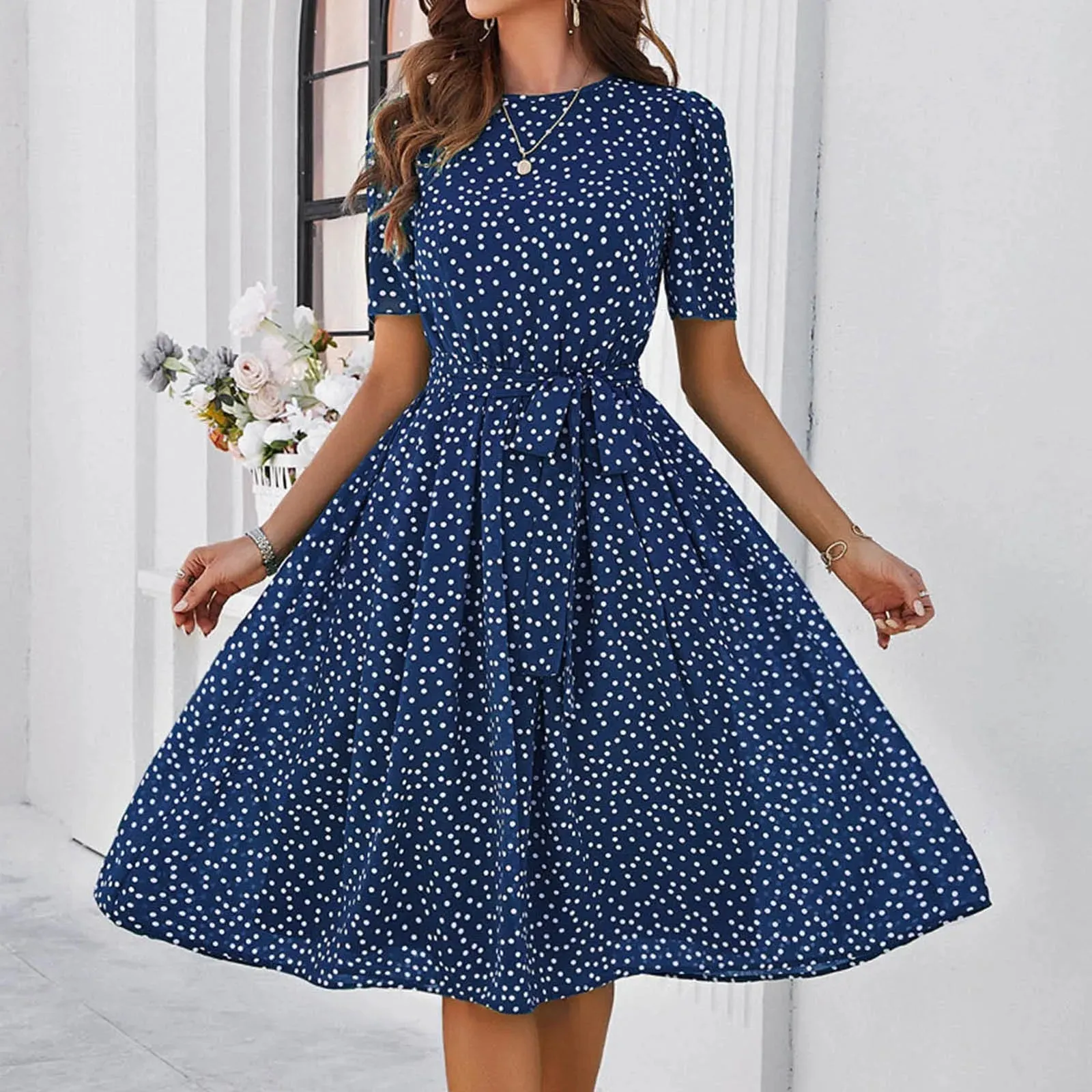 Printed Pleated A Line Long Short Sleeve High Waist Chic Casual Dot Dress