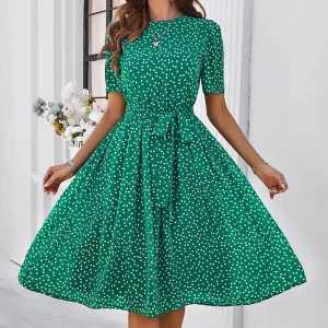 Printed Pleated A Line Long Short Sleeve High Waist Chic Casual Dot Dress