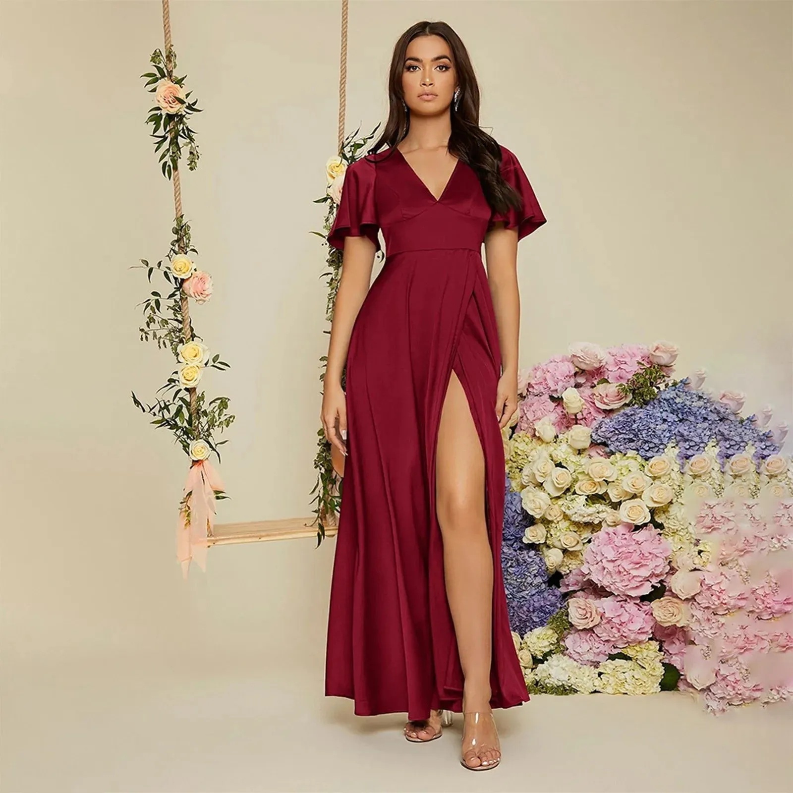 Prom Evening A-Line Short Sleeve V-Neck Chiffon Exquisite Bridesmaid Casual Luxury Dress