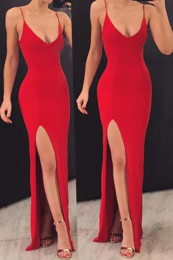 Red Satin Mermaid Spaghetti Straps V-neck Long Prom Dresses With Slit, SP908