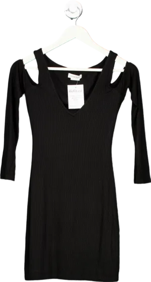 Refined Black Ribbed Cold Shoulder Dress UK S