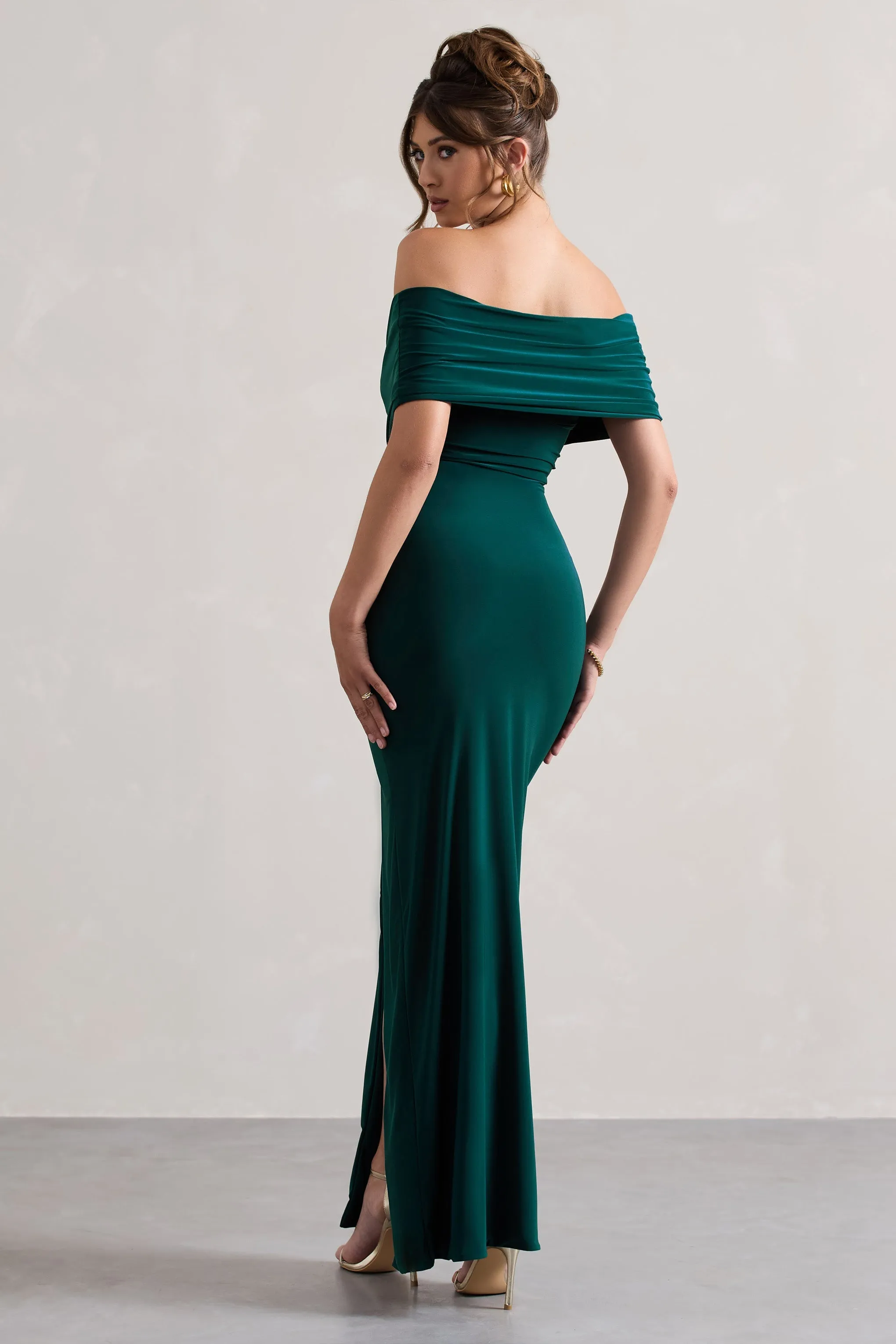 Refined | Bottle Green Twist Front Bardot Maxi Dress